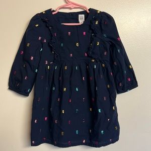 Baby GAP navy cotton lined 3/4 Sleeve dress with rainbow foil rectangle print 3T